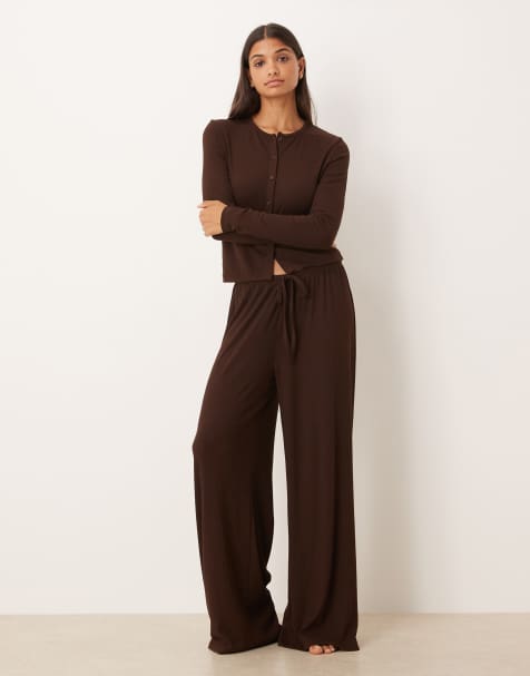 ASOS DESIGN lounge mix & match rib wide leg trouser in chocolate brown - view 1