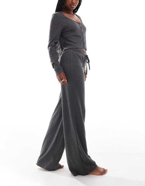 ASOS DESIGN lounge mix & match rib wide leg trouser in grey