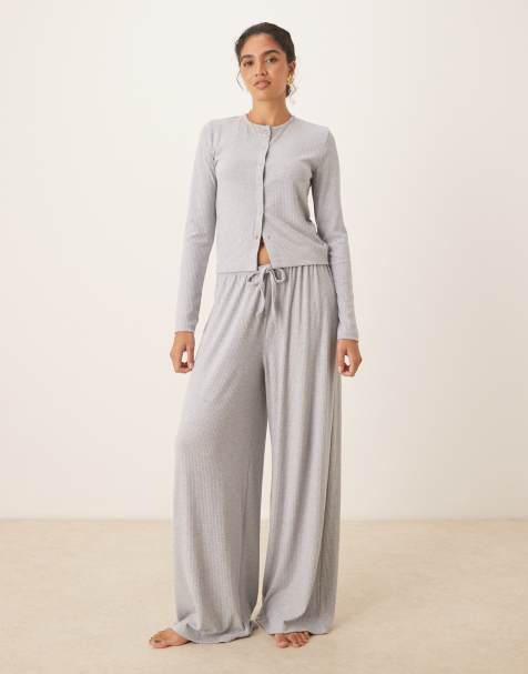 ASOS DESIGN lounge mix & match rib wide leg trouser in grey - view 1