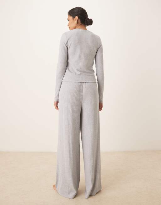 ASOS DESIGN lounge mix & match rib wide leg trouser in grey, 3 of 4