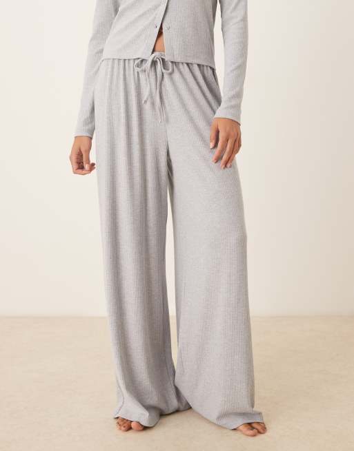 ASOS DESIGN lounge mix & match rib wide leg trouser in grey, 4 of 4