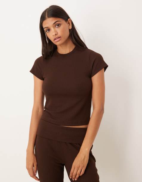 ASOS DESIGN lounge mix & match ribbed baby tee in chocolate brown - view 1