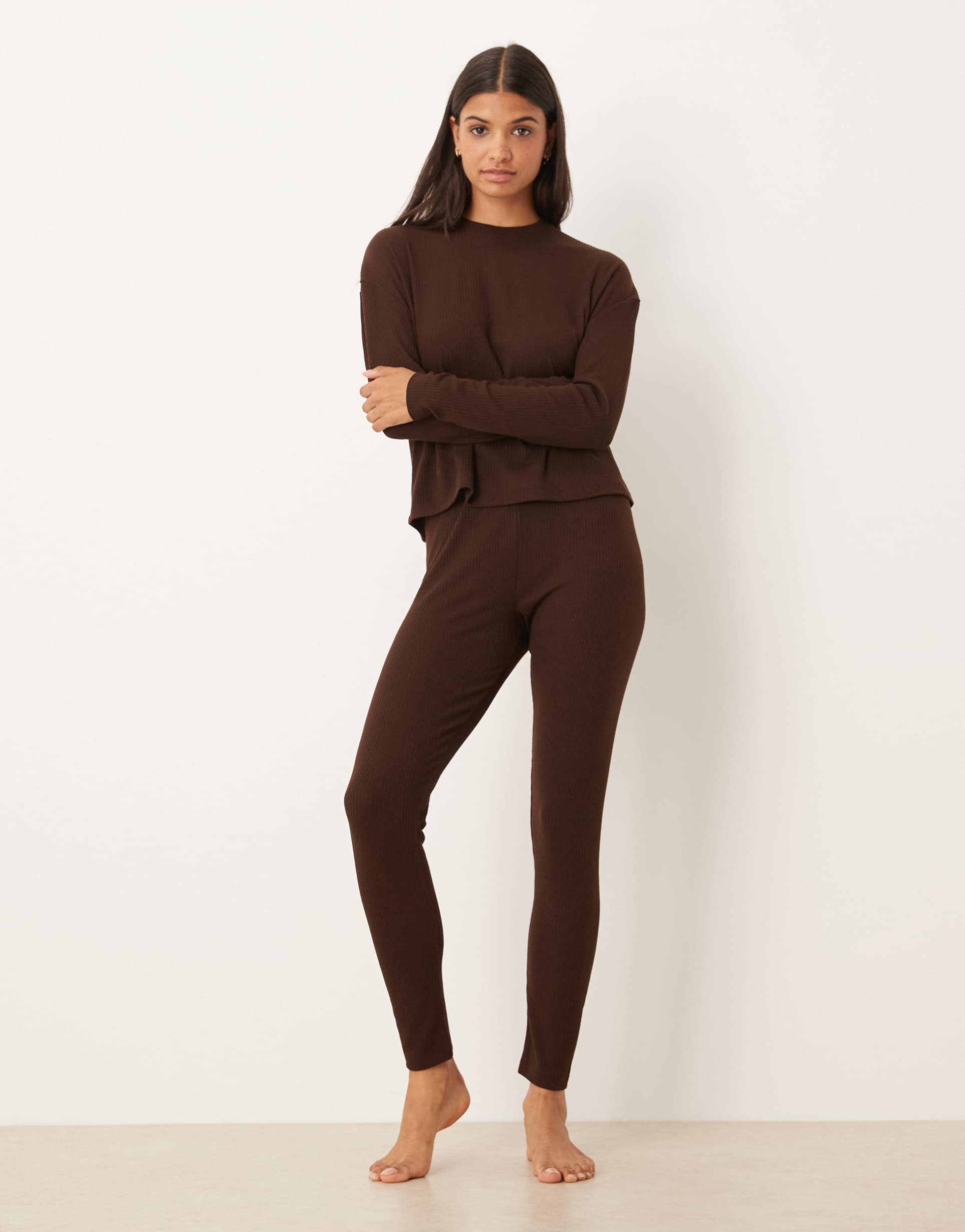 asos design lounge mix & match ribbed leggings in chocolate brown