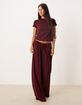 Asos Design Lounge Mix & Match Ribbed Wide Leg Pants In Red