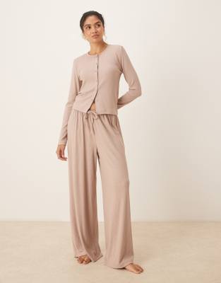 Asos Design Lounge Mix & Match Ribbed Wide Leg Pants In Neutral