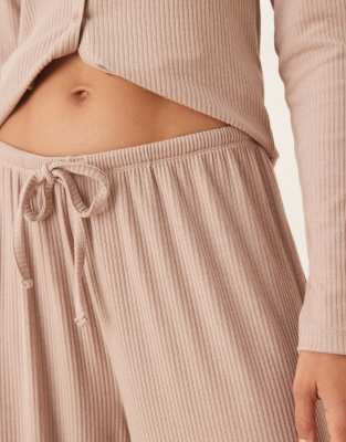 Asos Design Lounge Mix & Match Ribbed Wide Leg Pants In Neutral