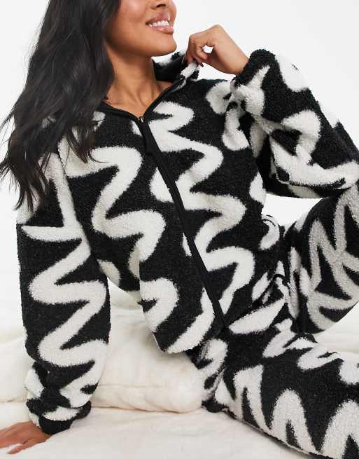 ASOS DESIGN lounge mix & match scribble print borg hoodie in black, 3 of 4