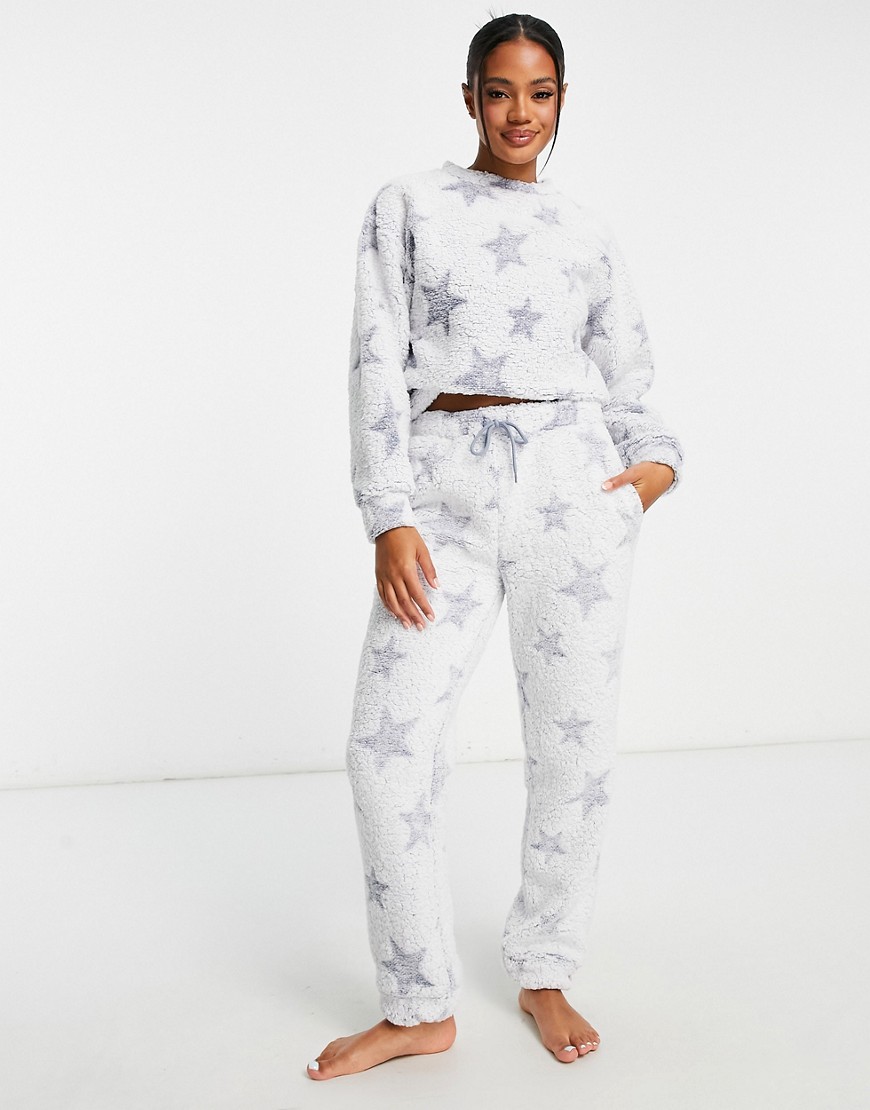 ASOS DESIGN lounge mix & match star bleached borg jogger in blue-White