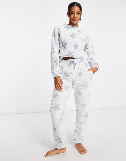 ASOS DESIGN lounge mix & match star bleached sherpa sweatpants in blue