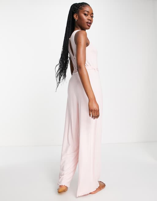 ASOS DESIGN lounge mix & match super soft waist tie jumpsuit with lettuce hem in pink, 2 of 4