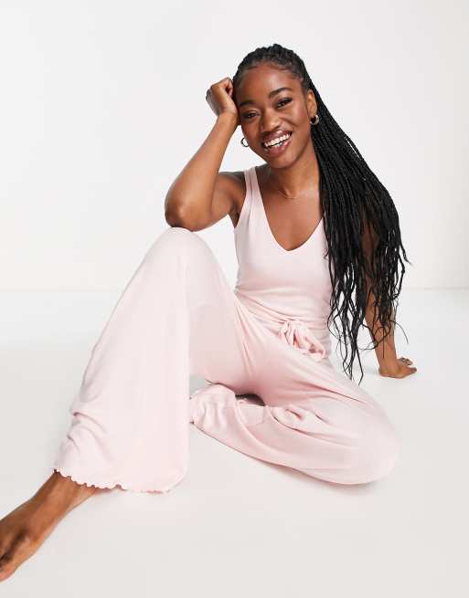 ASOS DESIGN lounge mix & match super soft pants with lettuce hem in pink