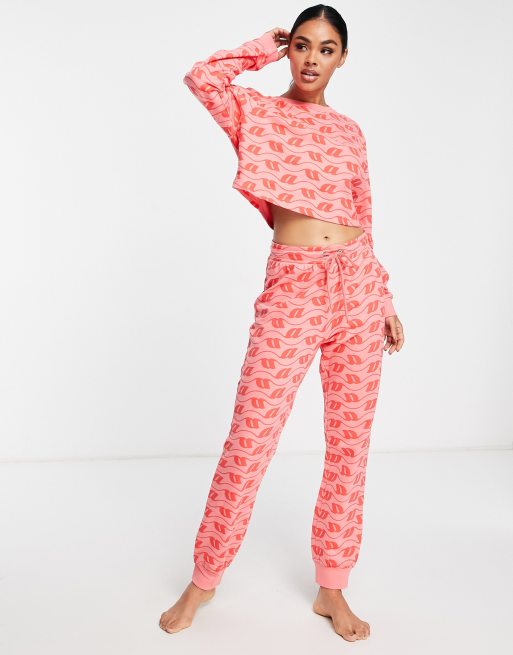 ASOS Curve ASOS DESIGN Curve lounge monogram print sweatshirt & sweatpants  set in pink & red - ShopStyle