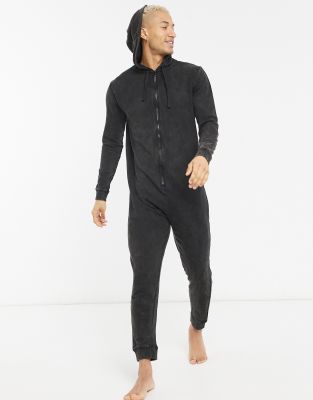 Asos Design Lounge Onesie In Acid Washed Black In Black