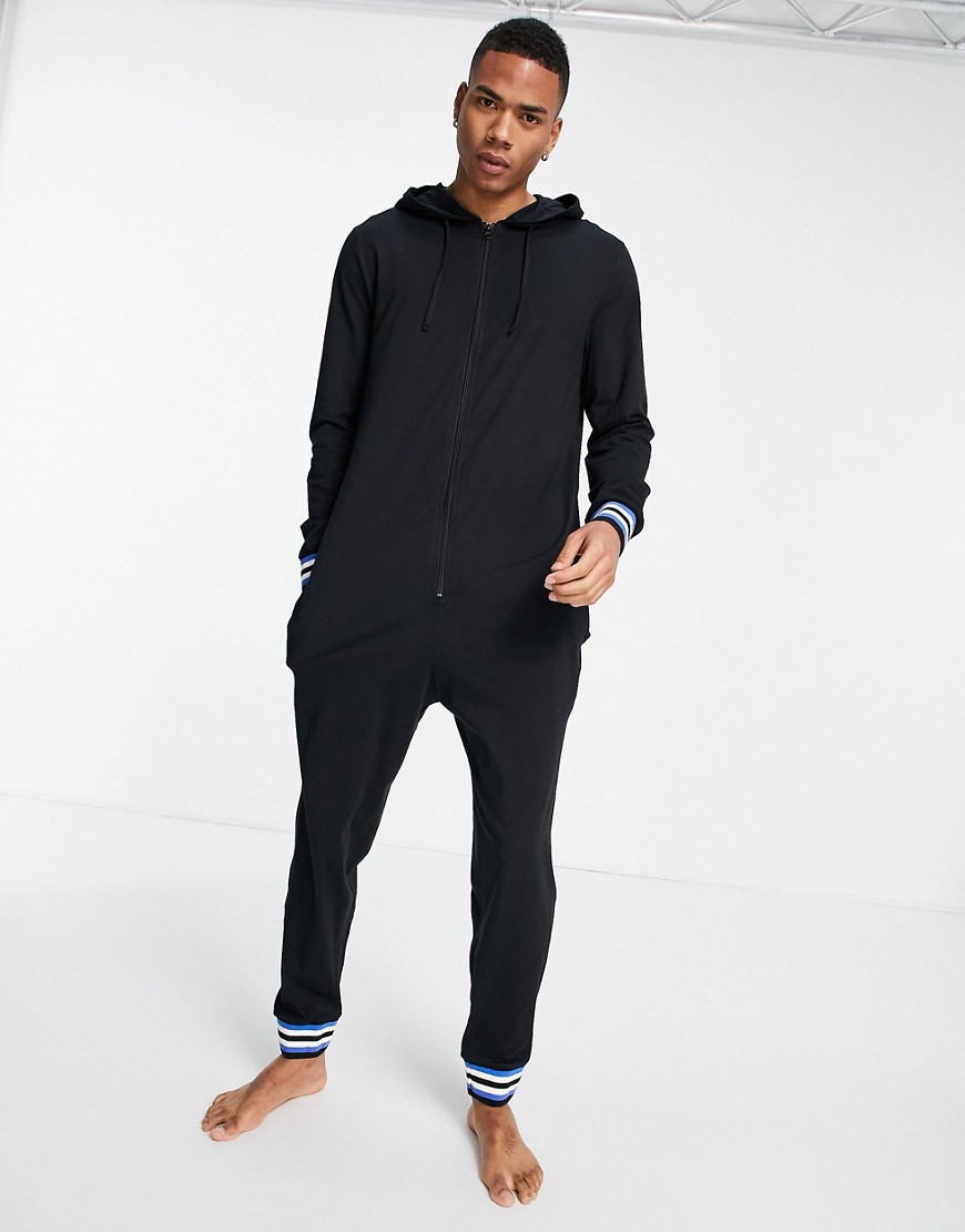 ASOS DESIGN lounge onesie in black with sports tipping
