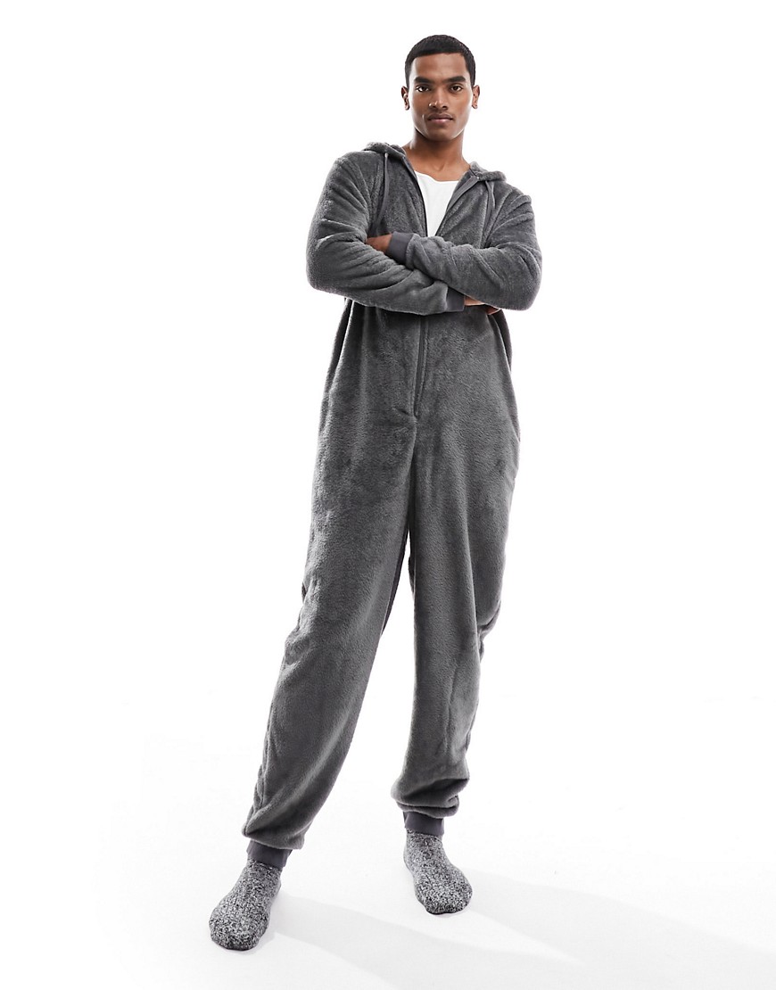 ASOS DESIGN lounge onesie in charcoal fleece-Grey