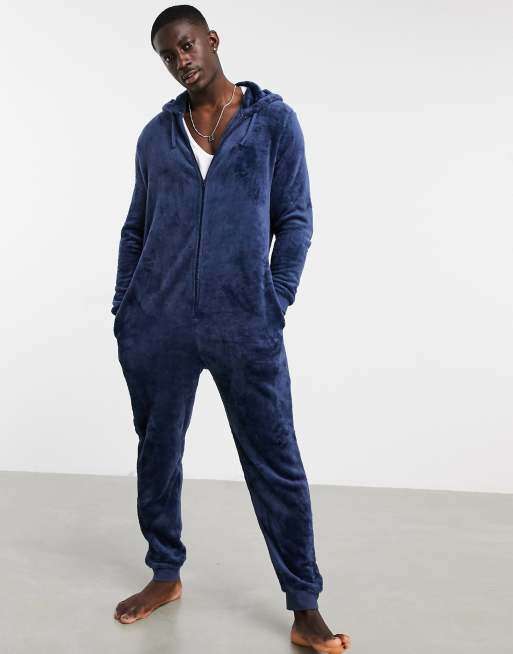 ASOS DESIGN lounge onesie in navy fleece