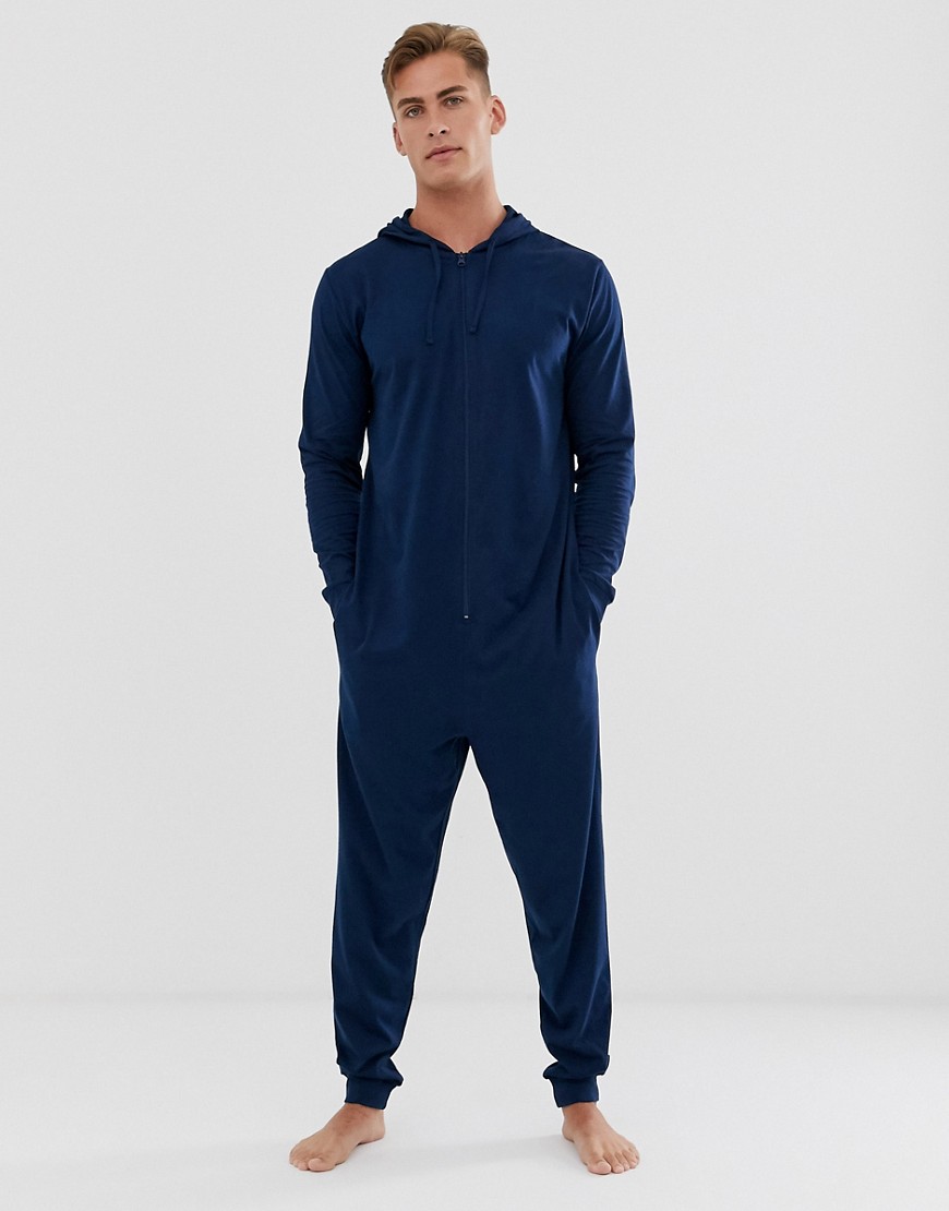 ASOS DESIGN - Lounge-onesie met capuchon in marineblauw