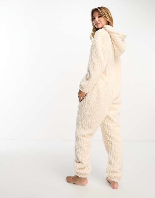ASOS DESIGN - Lounge-onesie van getextureerde wolkenfleece in crème, 4 van 4
