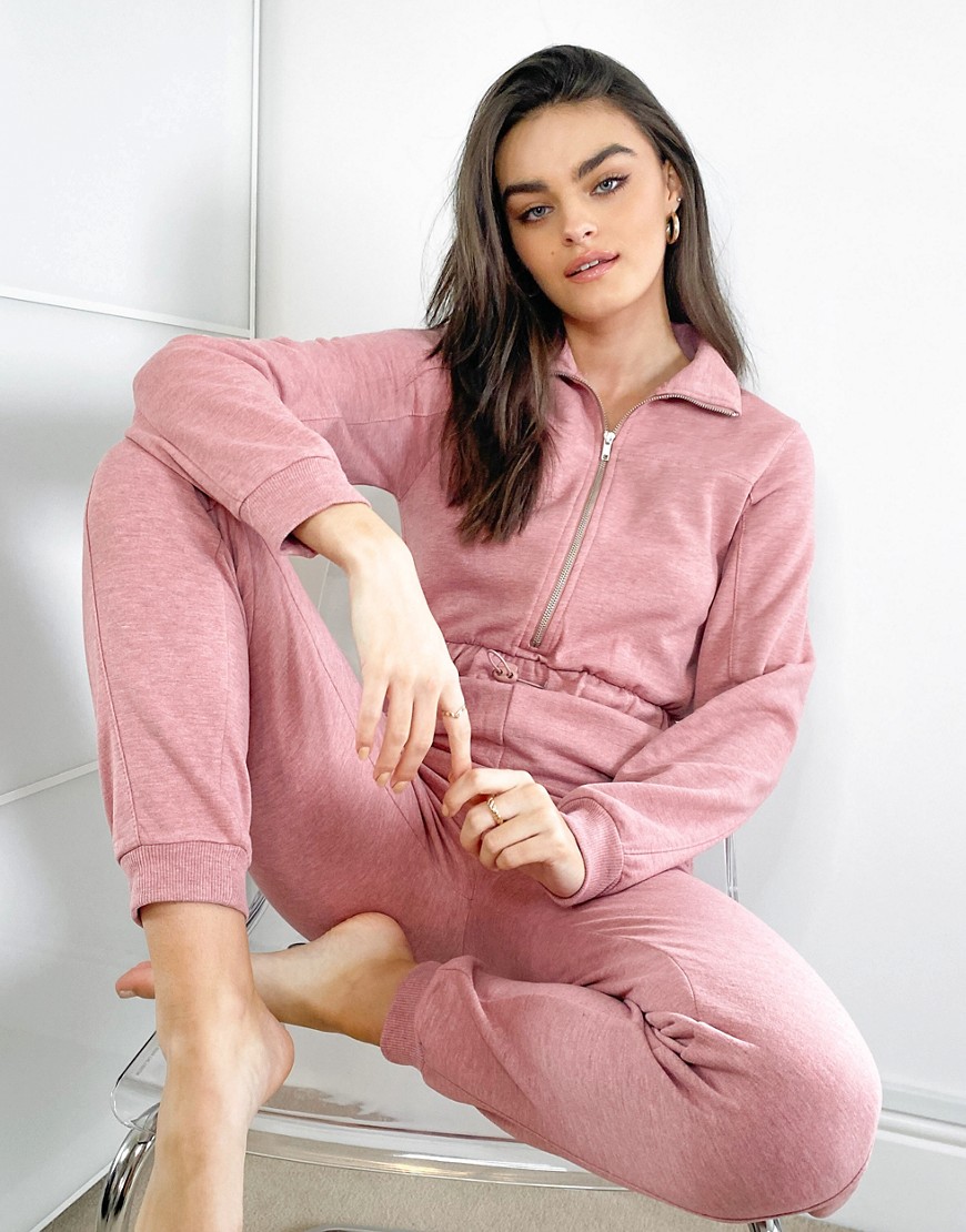ASOS DESIGN lounge overdyed high neck sweat jumpsuit in pink-Multi