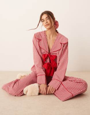 Asos Design Lounge Oversized Collar Shirt In Red Gingham - Part Of A Set-multi