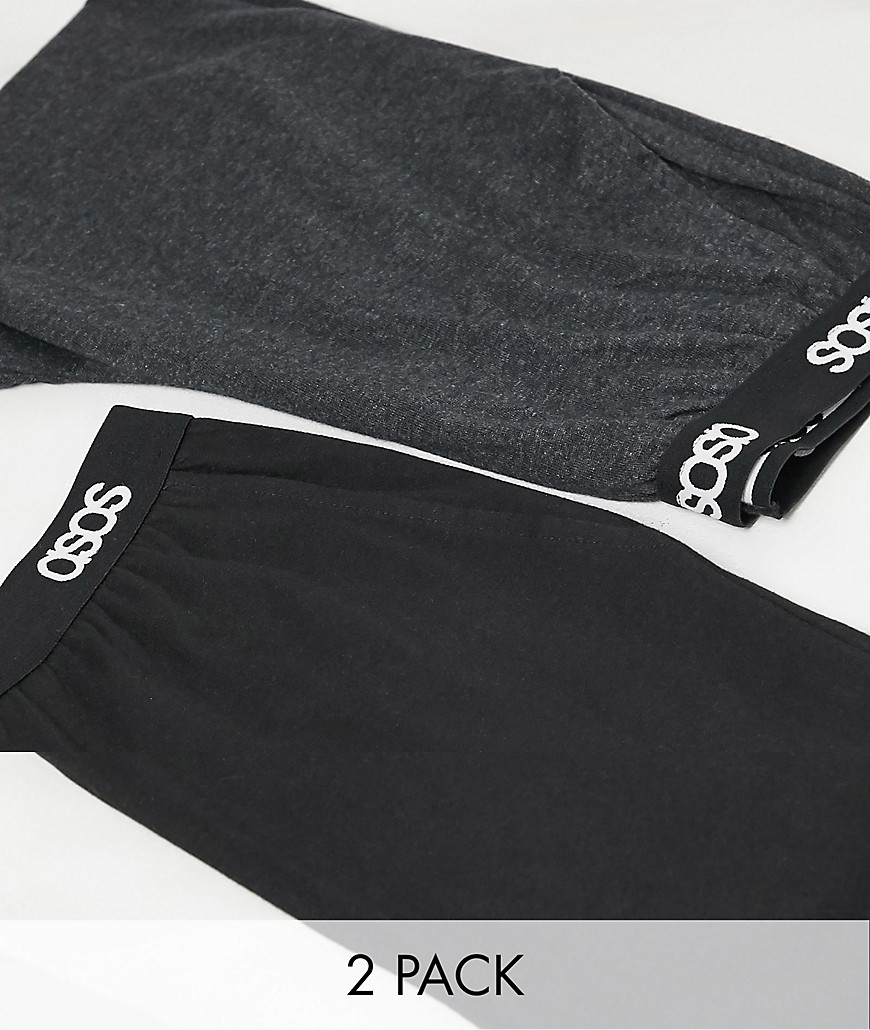ASOS DESIGN lounge pajama bottom 2 pack in black and charcoal marl with branded waistband multipack saving