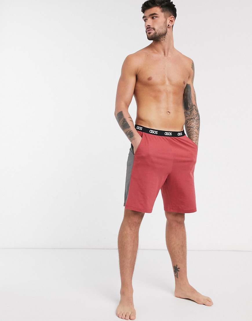 ASOS DESIGN Lounge - Pantaloncini del pigiama bordeaux con pannelli laterali in rete grigi-Rosso