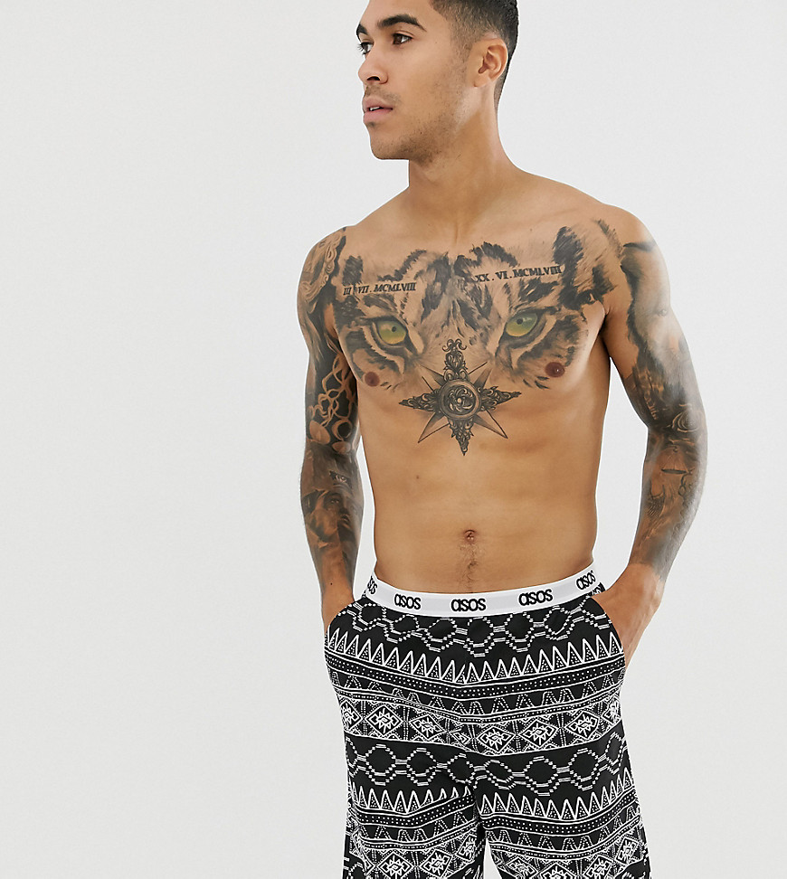 ASOS DESIGN Lounge - Pantaloncini del pigiama neri con stampa azteca e fascia in vita con logo-Nero