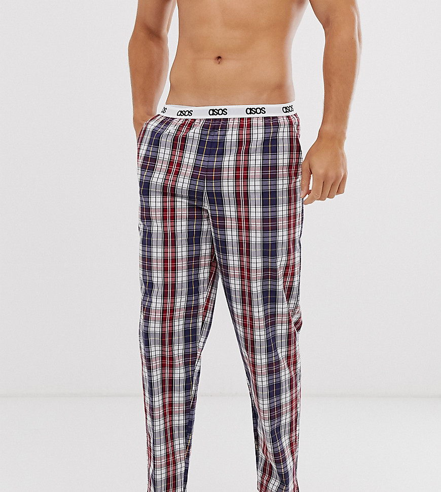 ASOS DESIGN Lounge - Pantaloni del pigiama a quadri bianchi, blu navy e rossi con elastico con logo-Bianco