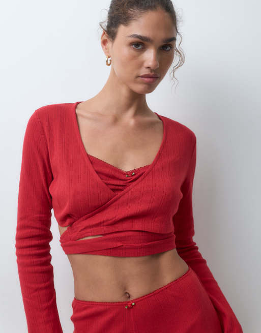 ASOS DESIGN pointelle loungewear set in red, 4 of 6
