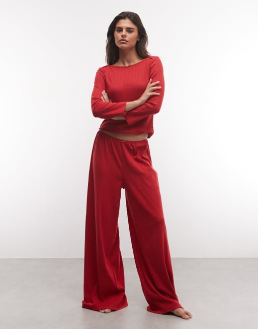 ASOS DESIGN lounge pointelle boatneck 3/4 sleeve top in red, 2 of 4