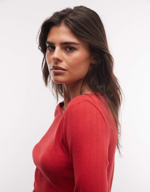 ASOS DESIGN lounge pointelle boatneck 3/4 sleeve top in red, 3 of 4