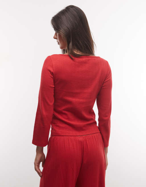 ASOS DESIGN lounge pointelle boatneck 3/4 sleeve top in red, 4 of 4