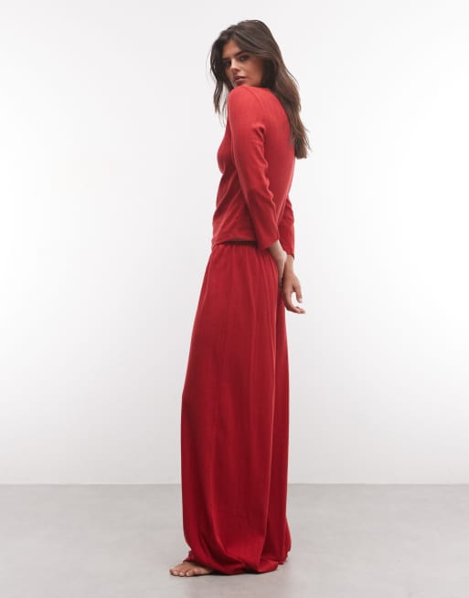 ASOS DESIGN lounge pointelle pyjama trouser in red, 3 of 4