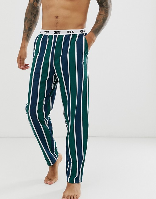 ASOS DESIGN lounge pyjama bottoms with navy and khaki stripe and branded waistband