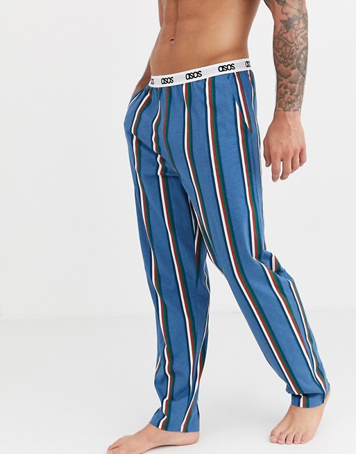 ASOS DESIGN lounge pyjama bottoms with navy khaki and burgundy stripe and branded waistband