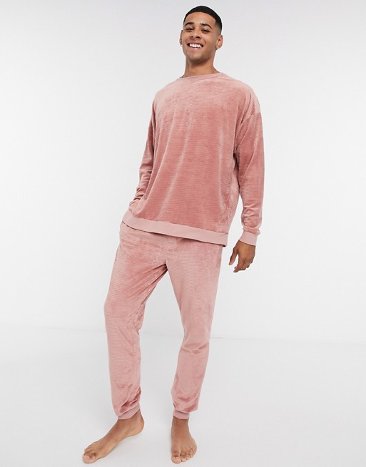 ASOS DESIGN lounge t-shirt and jogger pyjama set in ribbed velour