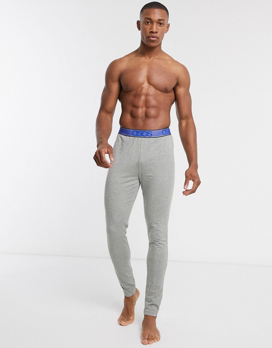 ASOS DESIGN lounge pyjama megging in grey marl with branded blue textured waistband