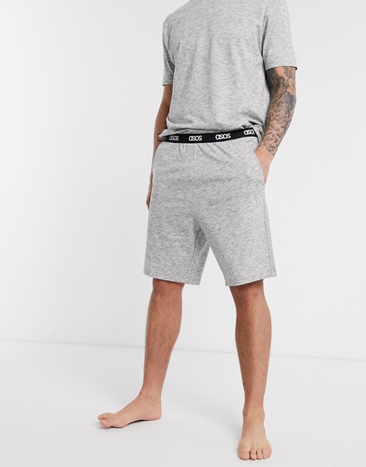 ASOS DESIGN lounge pyjama short and tshirt set in charcoal slub marl with branded waistband