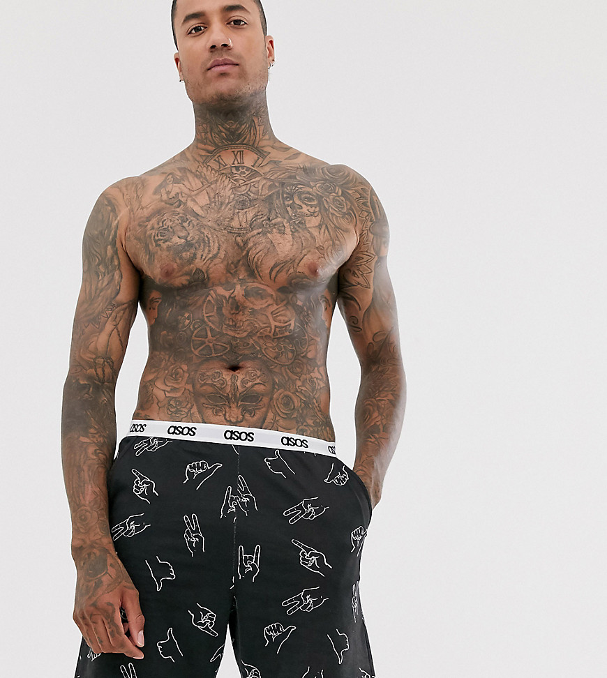 ASOS DESIGN lounge pyjama short with hand drawn doodle hand print and branded waistband-Black