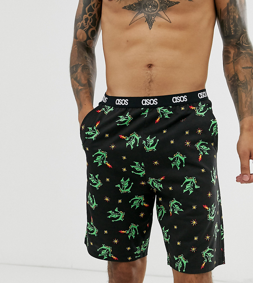 ASOS DESIGN lounge pyjama short with pixelated dragon print and branded waistband-Black