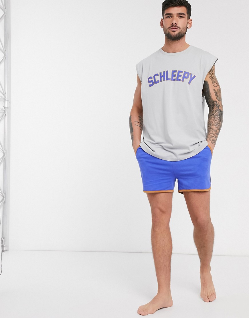 ASOS DESIGN lounge pyjama vest and runner short set with 'schleepy' slogan print-Multi