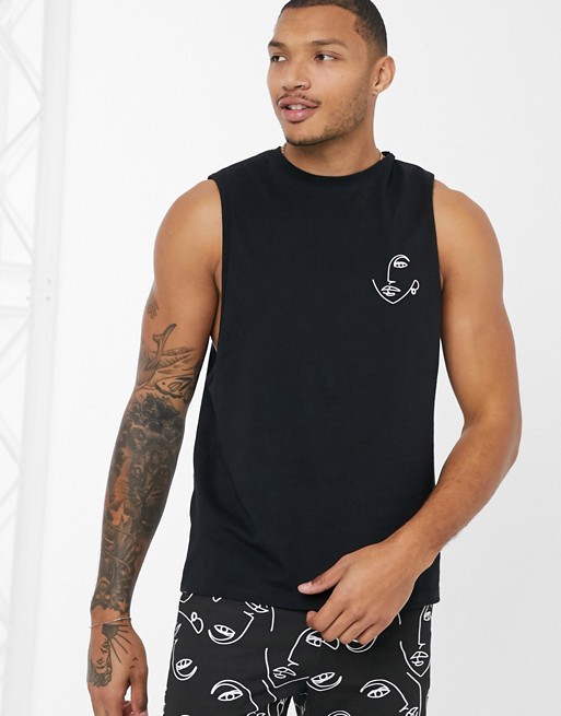 ASOS DESIGN lounge pyjama vest and short set with hand drawn print in monochrome