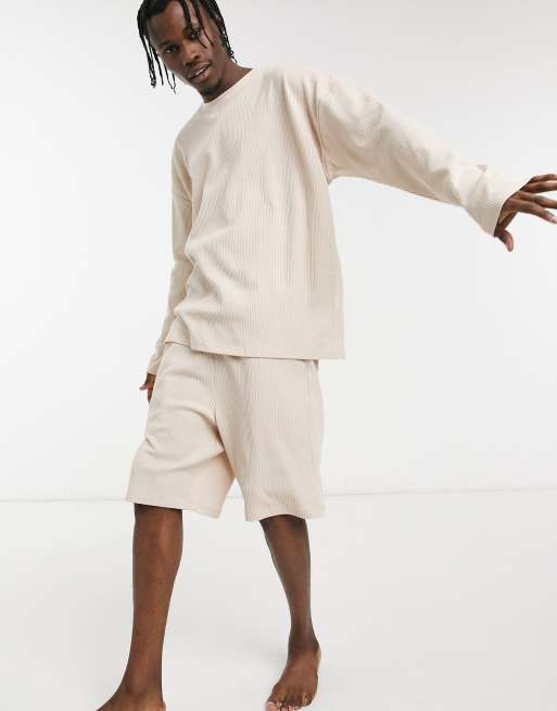 ASOS DESIGN - Lounge-pyjamaset met T-shirt met lange mouwen en short met wafeltextuur