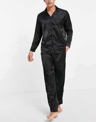 ASOS DESIGN – Lounge-Pyjamaset mit Hemd und Hose aus Satin-Schwarz