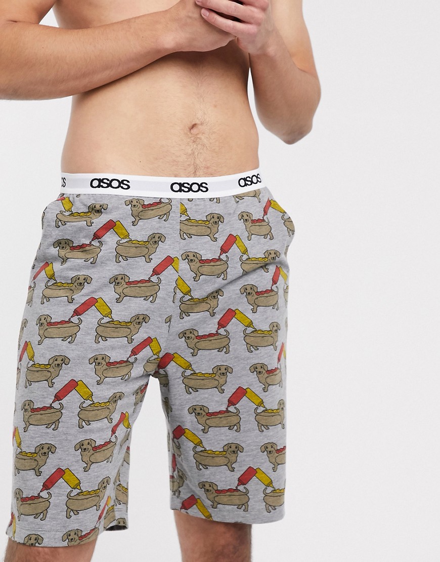 ASOS DESIGN - Lounge - Pyjamashort met hondenprint en tailleband met logo in antraciet-Grijs