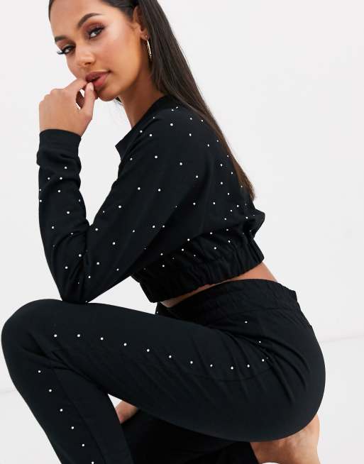 ASOS DESIGN lounge rhinestone cropped sweater jogger set