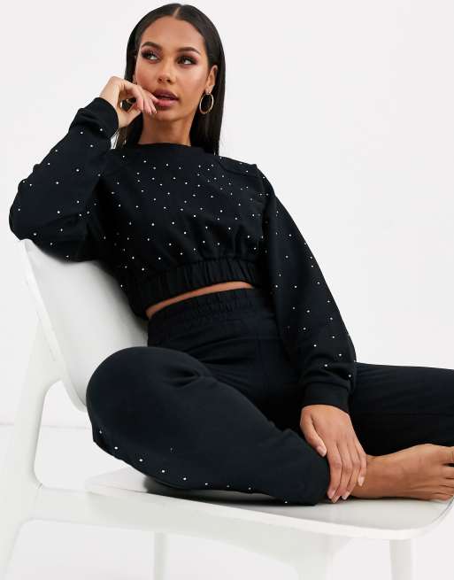 ASOS DESIGN lounge rhinestone cropped sweater jogger set