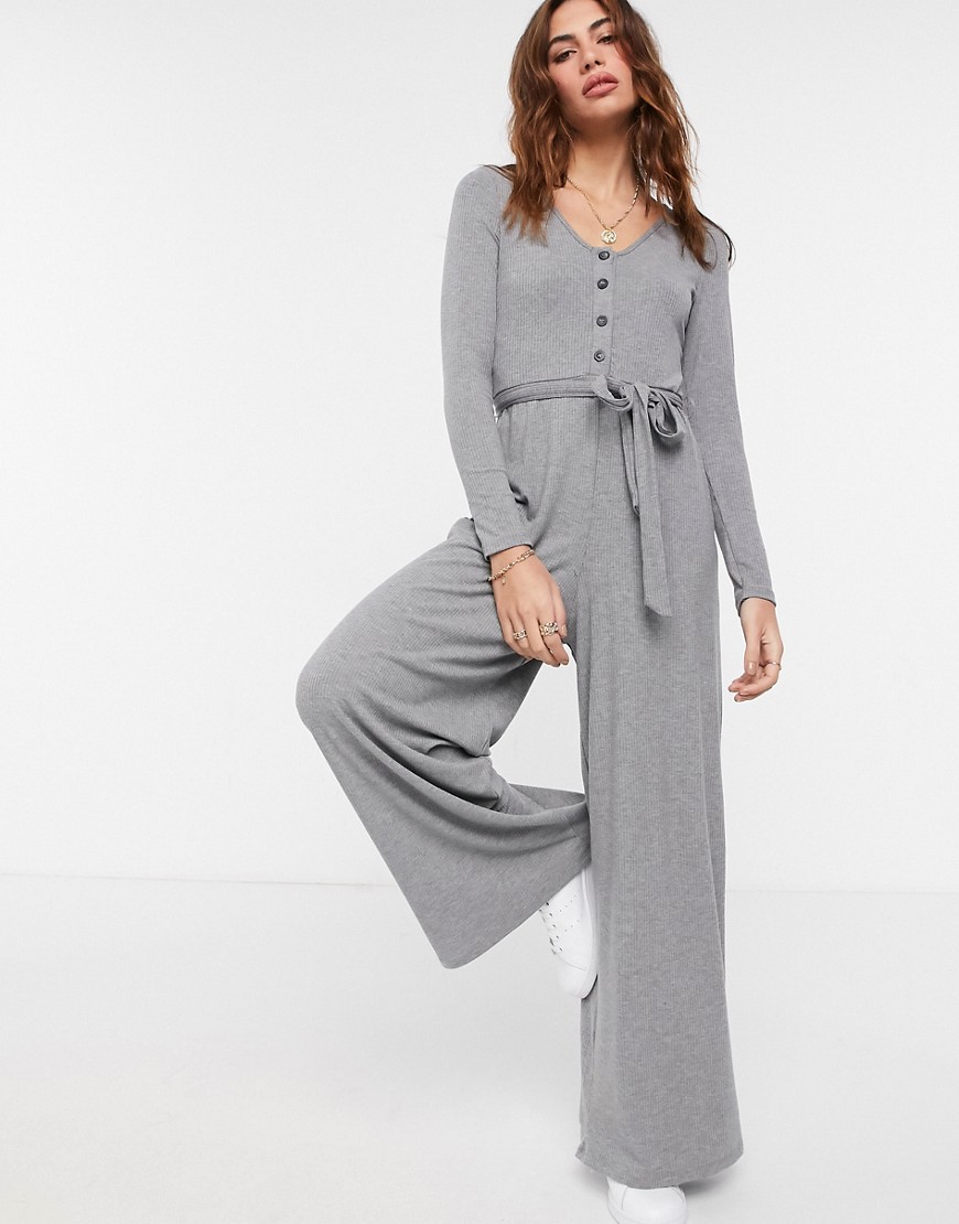 ASOS DESIGN lounge rib long sleeve belted jumpsuit in gray-Green