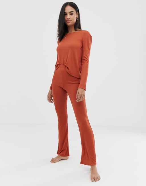 ASOS DESIGN ribbed top with slashed neck and flare pants | ASOS