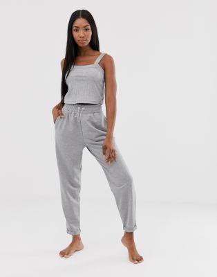 ASOS DESIGN lounge ribbed square neck crop and slim high waist jogger set-Grey